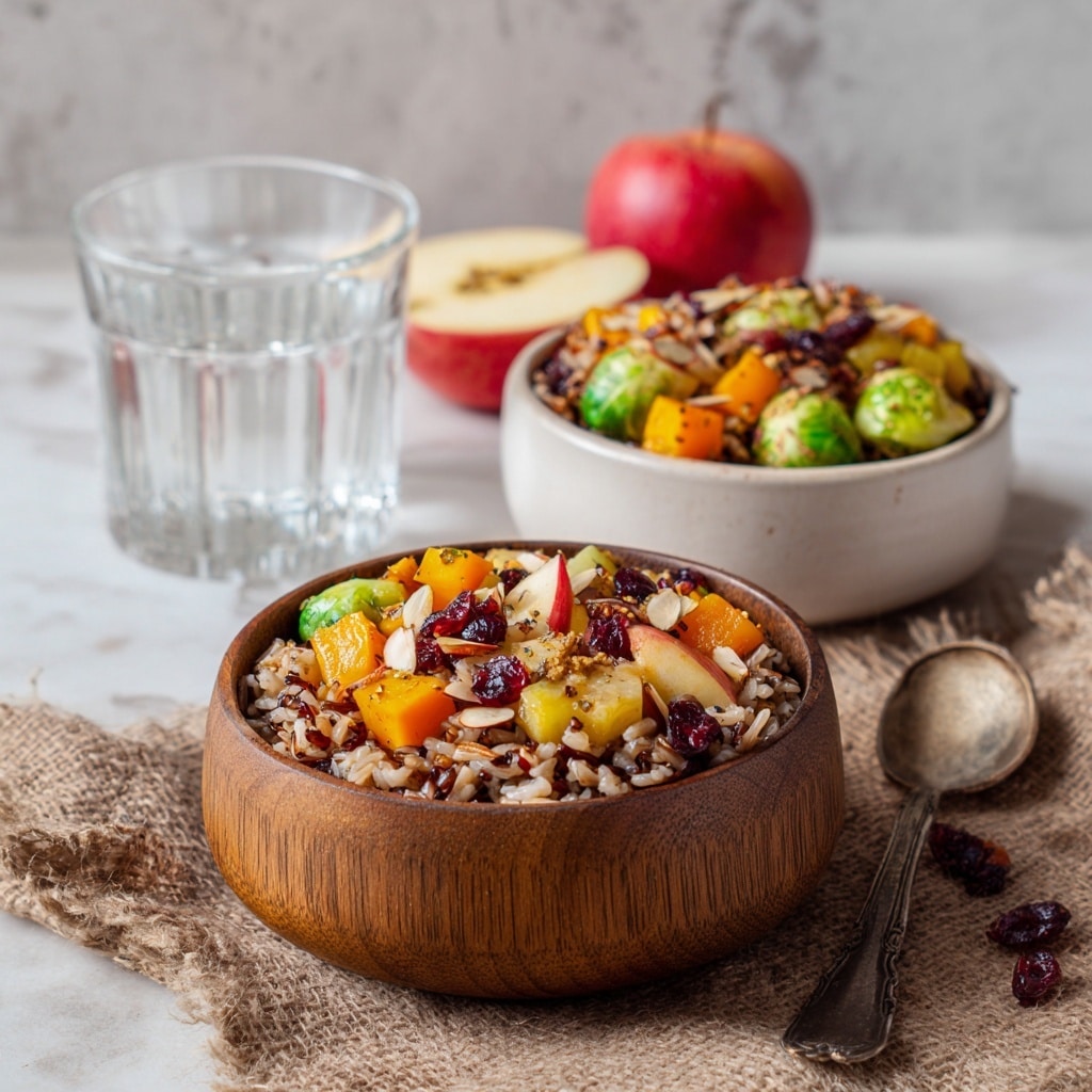 The image shows a close-up of a wooden bowl filled with a colorful grain salad. The base layer is a mix of cooked wild rice and other grains, dark brown with a chewy texture. On top, there are chunks of roasted orange sweet potato, thin slices of pale white almonds, small pieces of red apple with skin, and bright red cranberries. There are also bits of green Brussels sprouts and some finely chopped nuts scattered throughout. The bowl sits on a textured natural mat, with red apples and a glass container blurred in the background, all placed on a white marbled surface. Photo taken with an iphone --ar 4:5 --v 7
