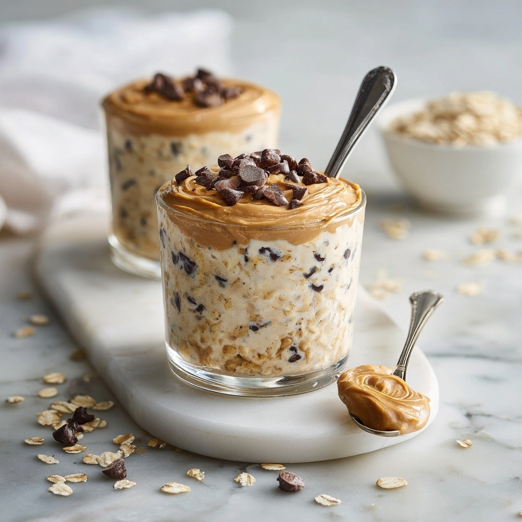 A clear glass cup filled with three layers of a creamy oatmeal mixture with visible dark chocolate chips and oats throughout, topped with a thick, smooth layer of light brown peanut butter and scattered chocolate chips and oats on top; the cup is placed on a white marble coaster with a silver spoon inside, and in front of it lies another silver spoon with a dollop of peanut butter; the background shows a blurred white cloth and a white bowl with oats, all set on a white marbled surface with scattered oats and chocolate chips around the cup. photo taken with an iphone --ar 4:5 --v 7