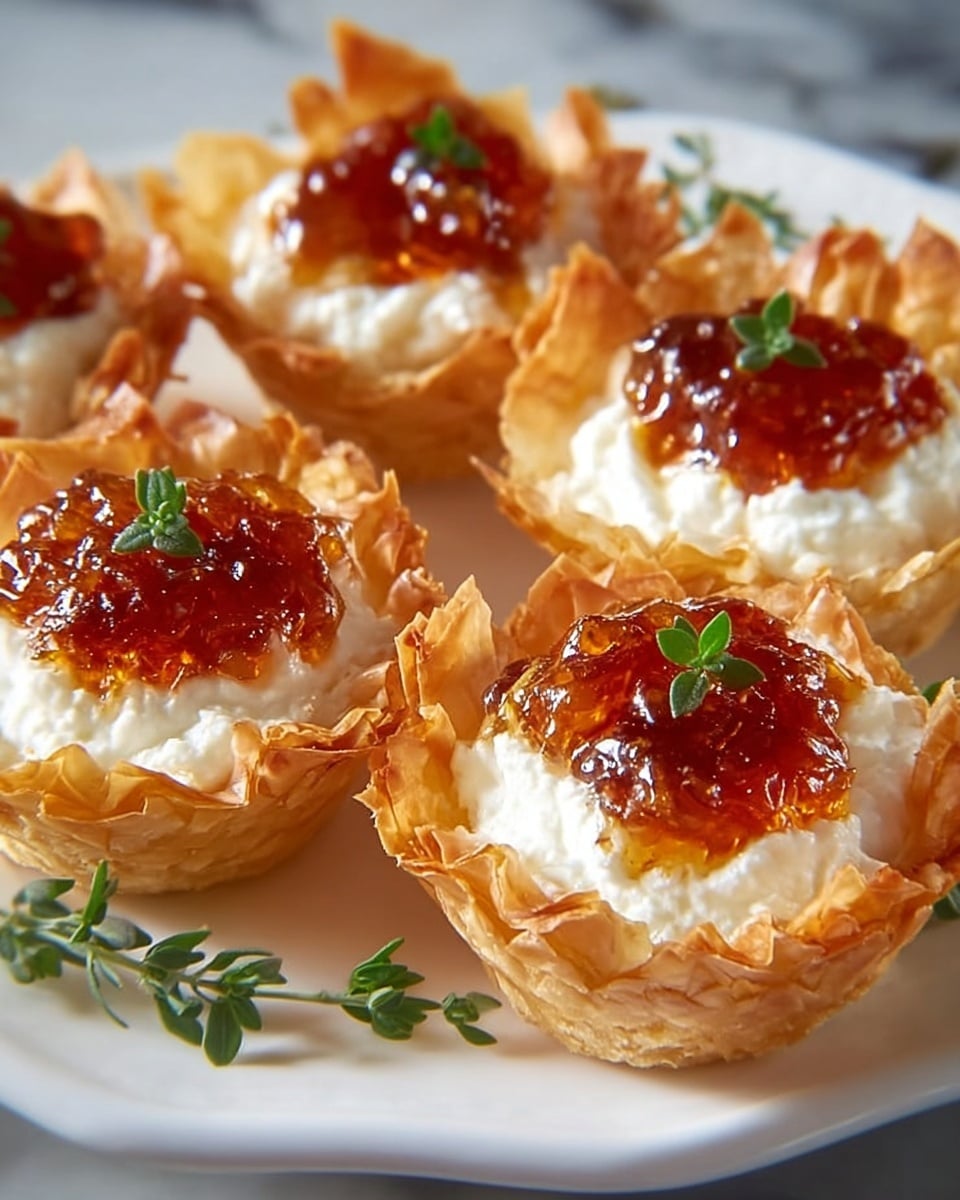 Multiple small, golden-brown baked tart shells are arranged neatly on a metal cooling rack over a white marbled surface. Each tart shell has a soft, white creamy layer inside, topped with a dollop of amber-colored jelly in the center. A woman's hand is placing a spoon with more jelly onto one of the tarts. A small clear glass bowl filled with the same amber jelly sits nearby. The image captures the texture of the flaky tart shells and the shiny jelly by natural light, giving a fresh and appetizing look. Photo taken with an iphone --ar 4:5 --v 7