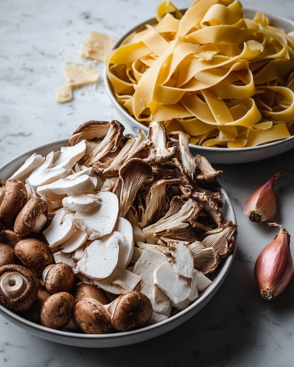 A white bowl filled with wide, flat pasta ribbons that are light beige and folded in soft, uneven layers. Mixed among the pasta are dark brown pieces of mushroom and caramelized onions, giving a rich, glossy texture with a slightly oily sheen. Scattered throughout are small green rosemary sprigs and thin white shavings of cheese on top. The bowl rests on a white marbled surface, and a vintage silver spoon and fork lay beside the pasta on the edge of the bowl. Photo taken with an iphone --ar 4:5 --v 7