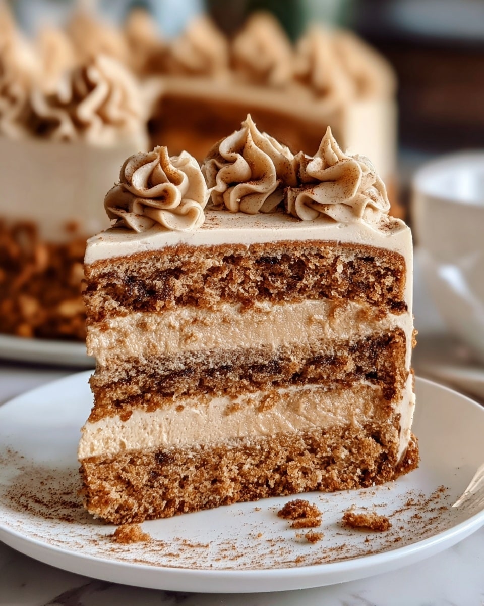 A round chocolate cake is cut to show two thick layers of light brown chocolate sponge with smooth, creamy chocolate frosting between and on top of the layers. The top has swirls of light brown frosting with chocolate dust sprinkled on them. The sides of the cake are coated with small chocolate crumbs. The cake sits on a white plate with a gray pattern, placed on a white marbled surface. Photo taken with an iphone --ar 4:5 --v 7