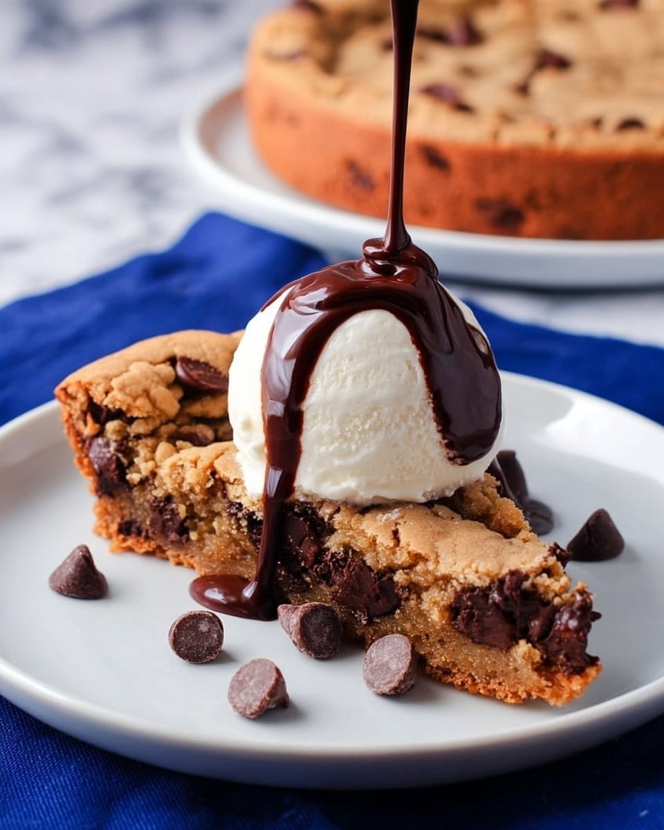 A slice of thick, soft chocolate chip cookie with a slightly crumbly texture is placed on a white plate. On top of the cookie slice is a single round scoop of smooth, white vanilla ice cream. Rich, dark chocolate sauce is being poured over the ice cream, flowing down its sides. There are a few extra chocolate chips scattered on the cookie slice. The plate is set on a deep blue cloth, and in the background, a large chocolate chip cookie on a white plate rests on a white marbled surface. Photo taken with an iphone --ar 4:5 --v 7