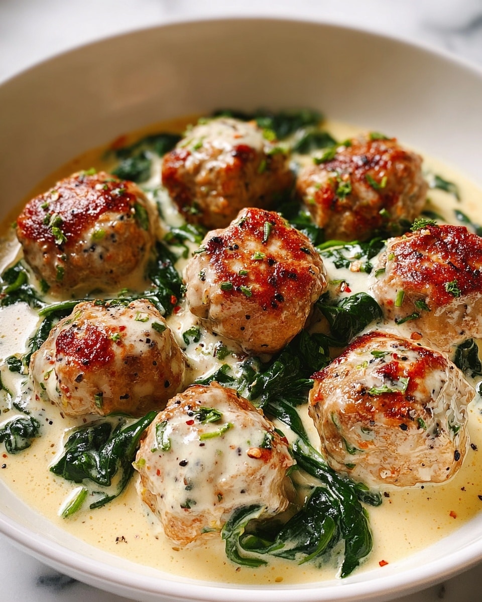 A white bowl holds nine browned meatballs that have a lightly crispy texture on top, each covered partially with a creamy, off-white sauce speckled with black pepper and small bits of green herbs. The meatballs sit on a bed of wilted dark green spinach leaves that mix with the thick sauce, creating a rich and smooth base. The sauce pools at the bottom, showing a glossy and velvety texture that lightly coats the meatballs and greens. The scene is set against a white marbled surface, adding a clean and fresh contrast to the warm colors of the dish. photo taken with an iphone --ar 4:5 --v 7