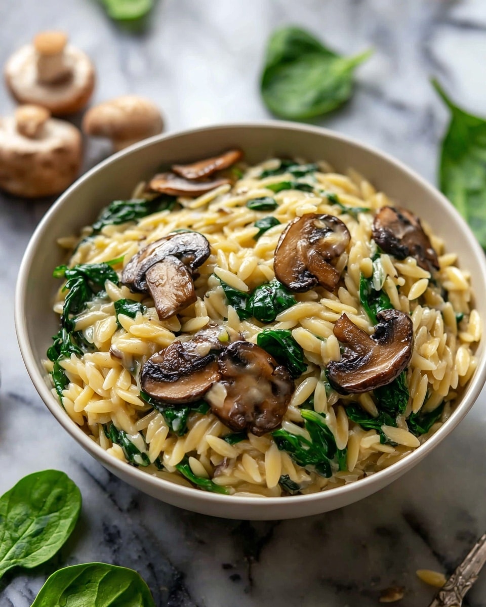 A close-up image of a white bowl filled with creamy orzo pasta mixed with sautéed spinach and sliced mushrooms. The orzo is a pale yellow color, coated in a creamy white sauce, while the green spinach adds a fresh pop of color scattered throughout. The brown mushrooms are sliced and mixed evenly, creating texture contrasts. There are small bits of what looks like onions or garlic, and a sprinkling of black pepper and grated cheese on top. A wooden spoon rests in the bowl, lifting a scoop of the creamy mixture. The bowl is placed on a white marbled surface with a piece of cheese and a yellow cloth partially visible nearby. photo taken with an iphone --ar 4:5 --v 7