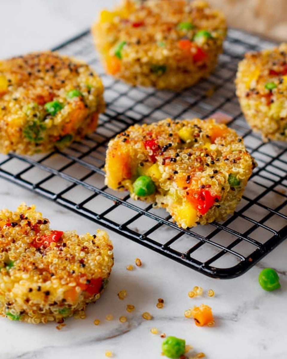The image shows small quinoa vegetable bites, each about two layers thick. The bottom layer is light beige quinoa with small green pea pieces and red bell pepper bits mixed in, while the top layer is a slightly crispy, golden-brown quinoa crust with the same vegetables lightly visible. Two bites are placed on a white marbled surface, one partially on a white cupcake liner, while the rest remain inside a dark muffin tray in the background. The texture looks crumbly but firm, giving a homemade appearance. photo taken with an iphone --ar 4:5 --v 7