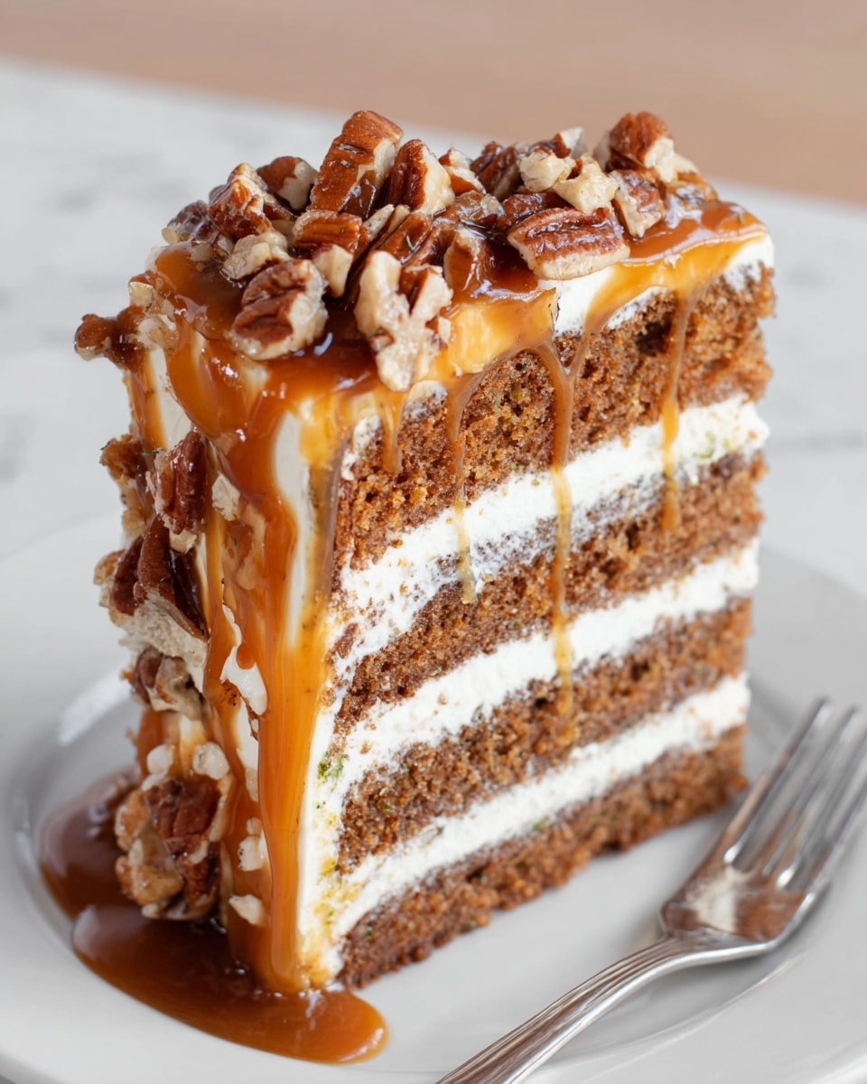 This image shows a three-layer chocolate cake on a white cake stand with a scalloped edge. Each chocolate cake layer is thick and dark brown, separated by thick white whipped cream layers that peek out evenly between them. On top of the cake, there is a thick layer of whipped cream covered with chopped pecans in a rich brown color. Caramel sauce in golden brown drips down the sides of the cake from the top, creating long, shiny strings of sauce that contrast with the darker cake. The background is softly blurred with a warm light, and the surface beneath the cake stand is a white marbled texture. photo taken with an iphone --ar 4:5 --v 7