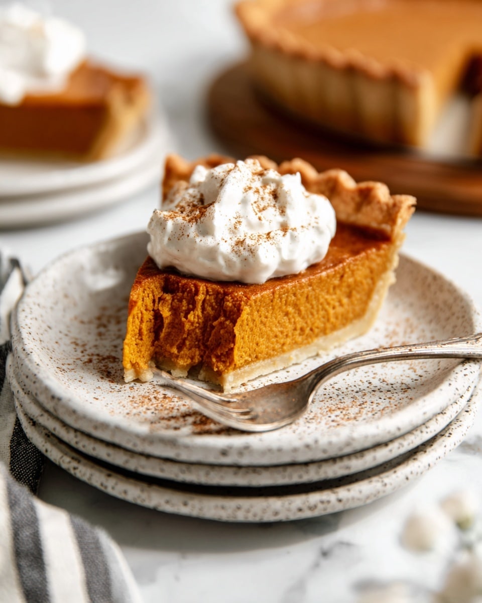 A slice of pumpkin pie is placed on a white speckled plate with a thick crust that is golden brown and slightly crimped on the edges. The pumpkin filling inside is smooth and deep orange, with a dense texture. Sitting on top of the filling is a fluffy layer of white whipped cream sprinkled lightly with cinnamon or nutmeg powder. A piece of the pie has been cut out and rests on a silver fork in front of the slice, showing the thickness of the filling and crust. The plate is stacked on another similar white speckled plate, and the whole scene is set on a white marbled texture surface with a soft striped cloth blurred in the background. Photo taken with an iphone --ar 4:5 --v 7