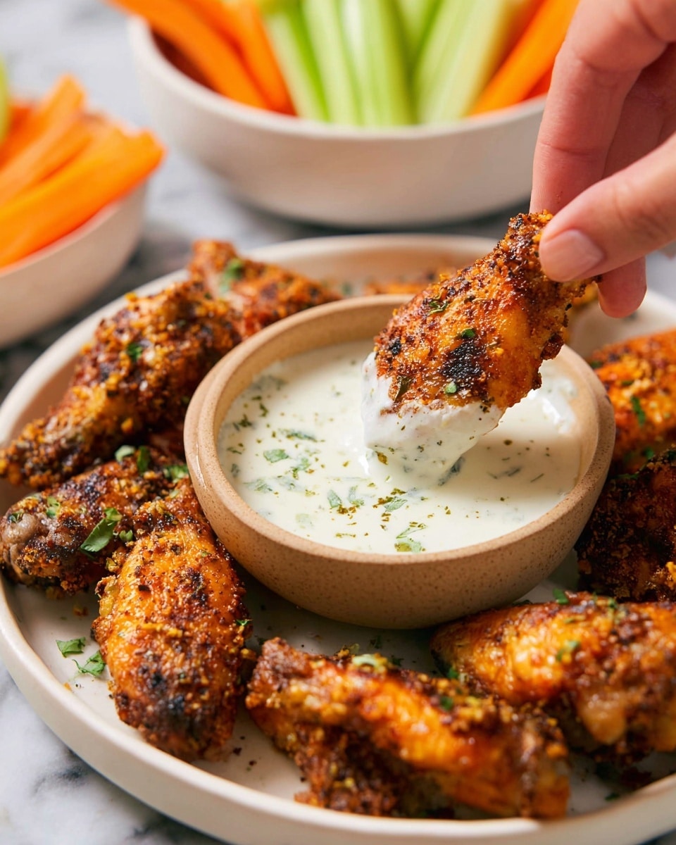 A round white plate filled with a pile of about ten crispy, dark reddish-brown fried chicken wings, each wing showing a rough, crunchy texture with visible spices all over. On the right side of the plate, a small white bowl contains a creamy, light beige dipping sauce dotted with herbs. The plate is placed on a white marbled surface partially covered by a red and white striped cloth. The lighting highlights the golden and dark crispy parts of the chicken, making it look crunchy and tasty. Photo taken with an iphone --ar 4:5 --v 7
