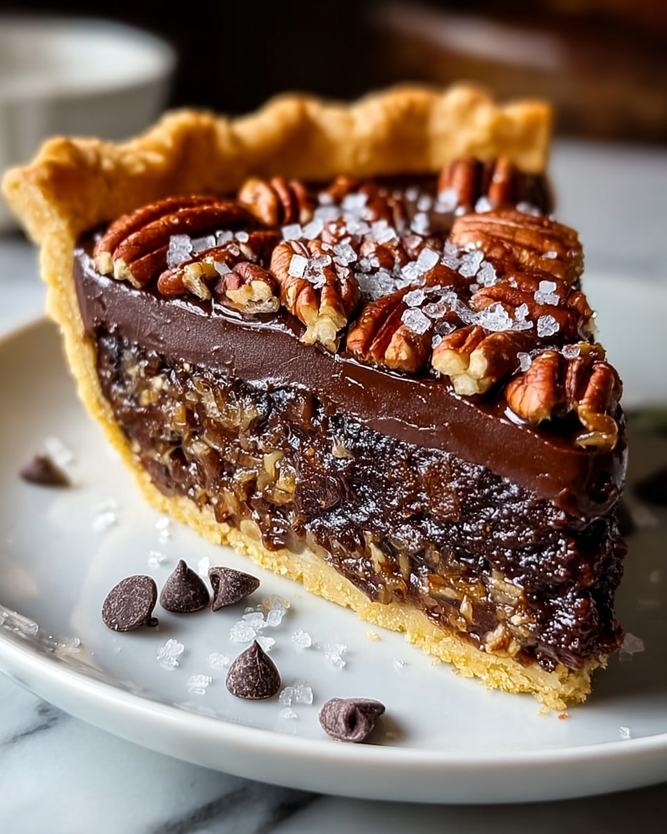A slice of chocolate pecan pie with three distinct layers: a light golden-brown crumbly crust at the base, a dense dark chocolate and pecan filling full of chopped nuts in the middle, and a glossy, smooth dark chocolate ganache topping sprinkled generously with whole pecans and coarse sea salt on top. The slice sits on a white plate with some chocolate chips and sea salt flakes scattered around it, all placed on a white marbled textured surface. photo taken with an iphone --ar 4:5 --v 7