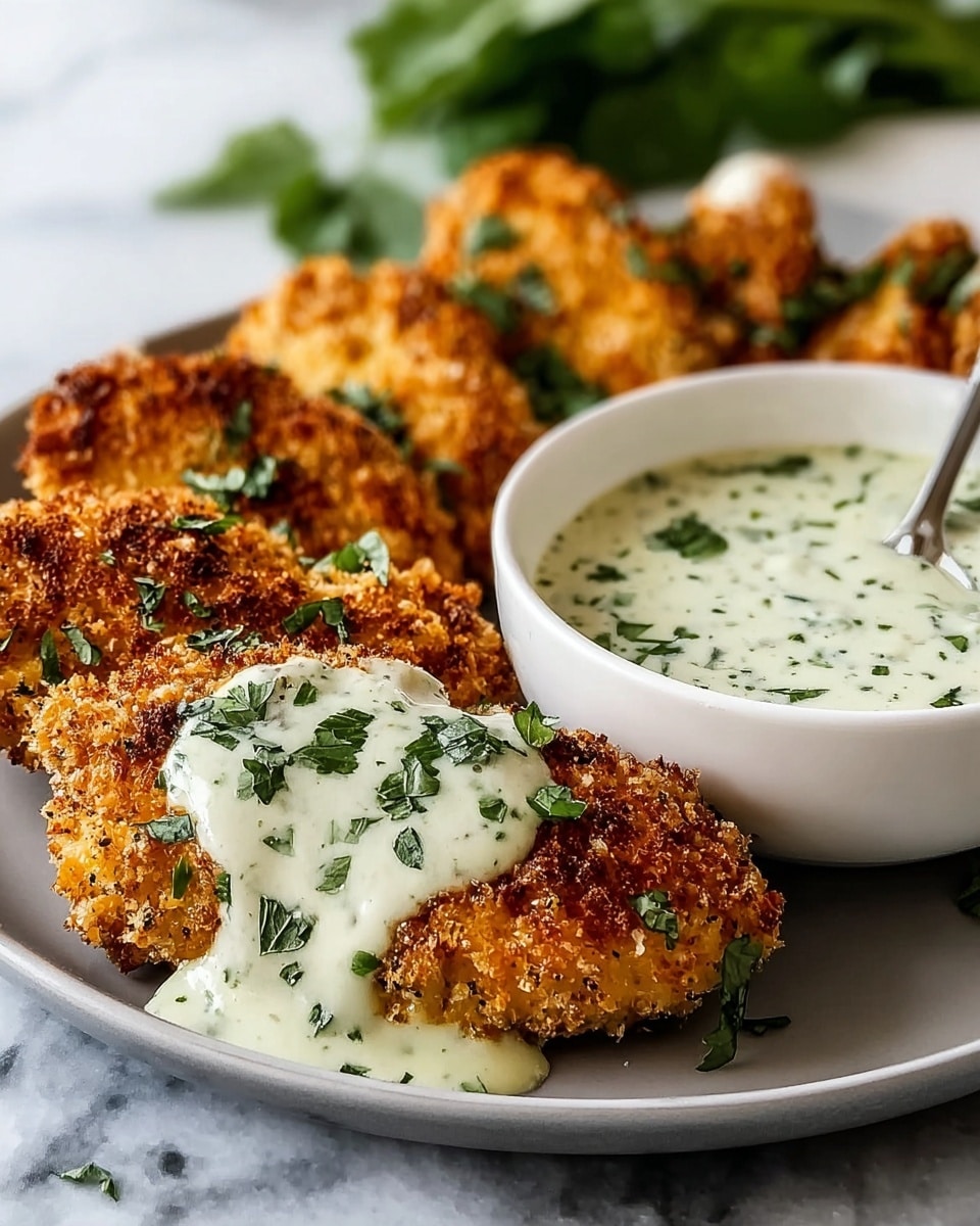 The image shows a round white plate with five golden brown breaded chicken pieces arranged in a row, each piece with a rough, crunchy texture on the outside. The chicken piece closest to the camera has creamy white green herb sauce dripping over it, garnished with scattered fresh green herbs. To the side of the plate is a white bowl filled with more of the same herb sauce, with a metal spoon standing inside. The background is a white marbled surface with some blurred green leaves in the back. Photo taken with an iphone --ar 4:5 --v 7