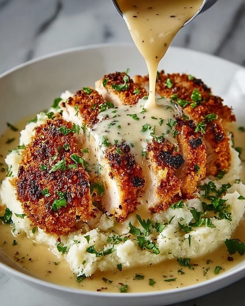 A white plate holds a dish with three thick slices of crispy, golden-brown cooked chicken arranged on a bed of creamy white mashed potatoes. A light beige sauce with visible small herbs is being poured over the chicken from above, adding a smooth, glossy texture. Fresh green chopped parsley is sprinkled over the chicken, mashed potatoes, and sauce, adding a pop of color. The chicken's crust is dark and crunchy with some blackened bits, contrasting the soft mashed potatoes below. The background is a white marbled surface. Photo taken with an iphone --ar 4:5 --v 7