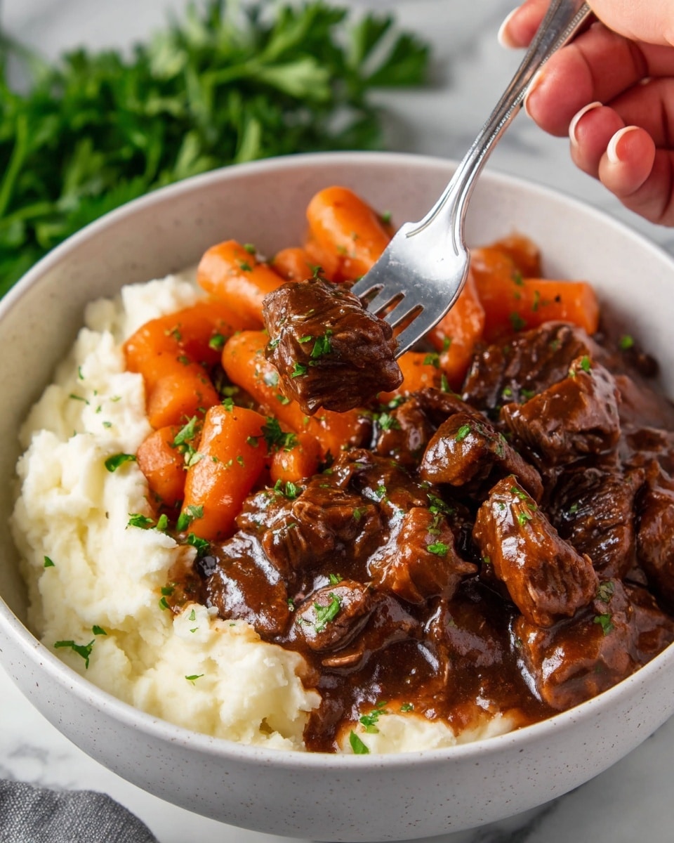 A close-up image of a black slow cooker filled with dark brown beef stew chunks in thick, shiny sauce. The beef pieces look tender and are coated with rich gravy, sprinkled with small green herb bits. The stew looks thick, with chunks piled closely together. A large silver ladle is lifting a generous portion of the beef stew above the cooker, showing the texture and gloss of the sauce, with some bits dripping down. The background is a white marbled surface. photo taken with an iphone --ar 4:5 --v 7