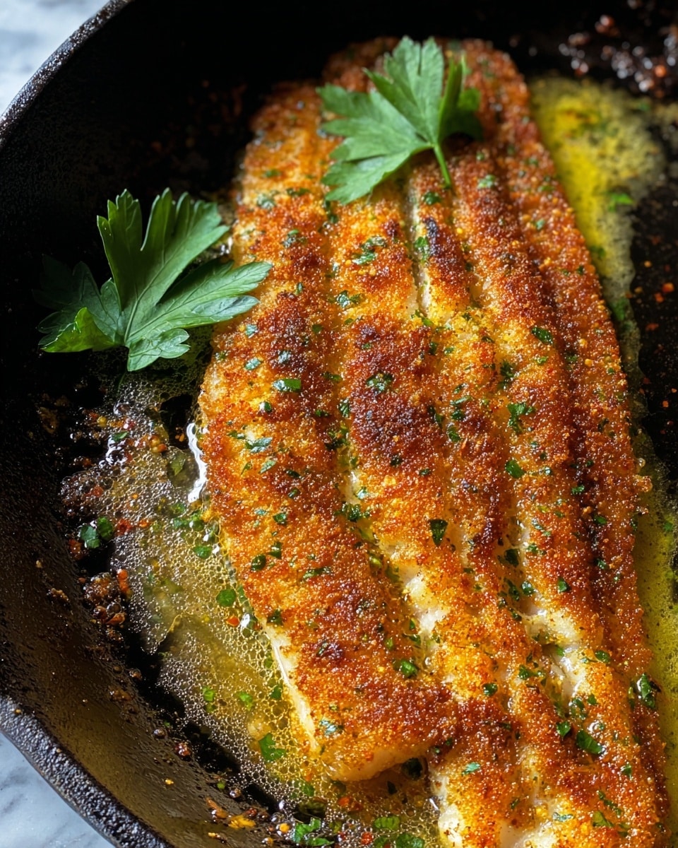 The dish shows four long, golden-brown breaded fish fillets arranged side by side on a white oval plate. The fish has a crispy texture with visible seasoning and small green herb bits scattered on top. In the top right corner of the plate, there is a small bunch of fresh green parsley and a yellow lemon wedge placed next to it. The background is a white marbled surface. photo taken with an iphone --ar 4:5 --v 7
