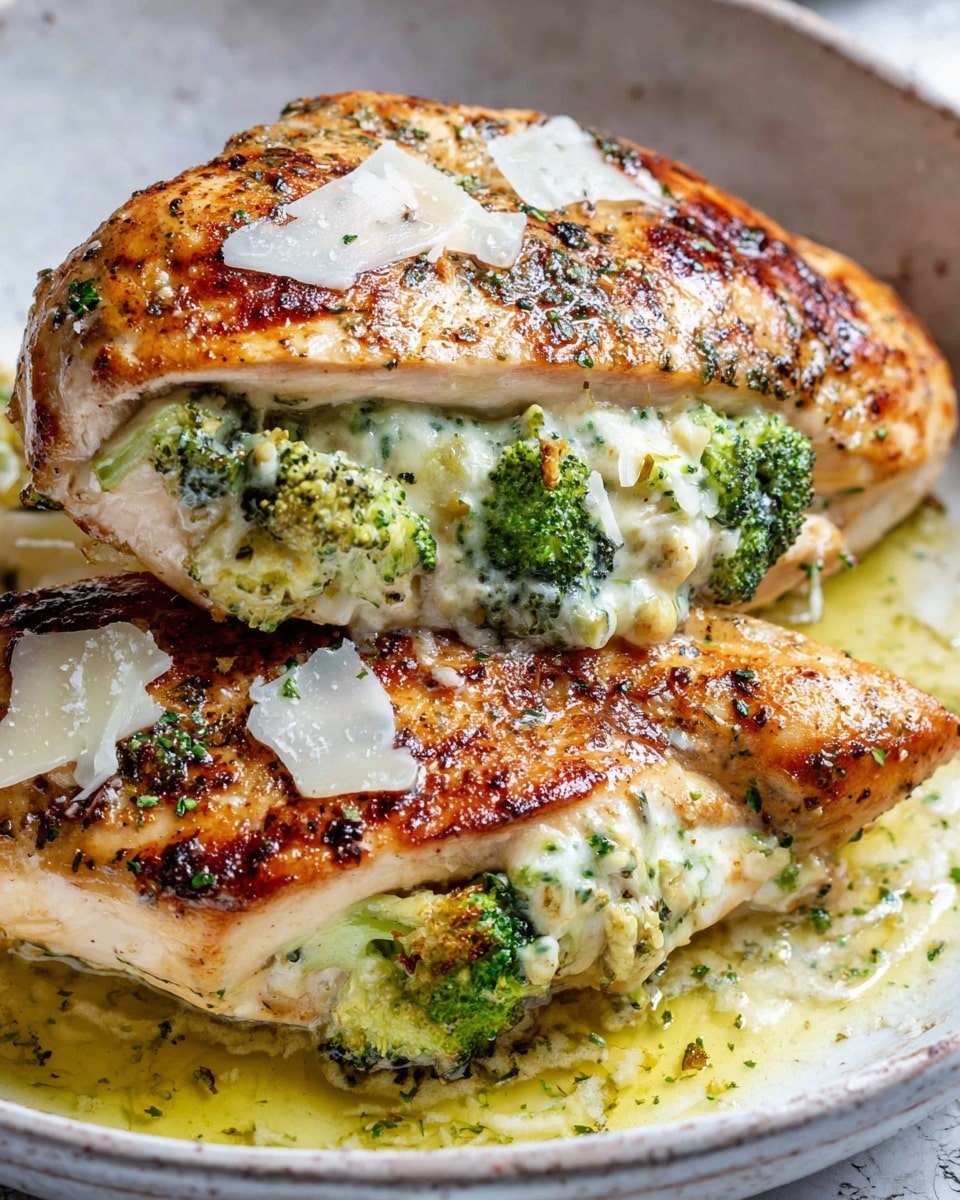 The image shows a close-up of two grilled chicken breasts stuffed with a creamy broccoli and cheese mixture. Each chicken breast is golden brown with a slightly charred crust on top and has a few white shaved cheese slices scattered on the surface. The broccoli filling inside looks soft and mixed with melted white cheese, and some green broccoli florets peek out from the stuffed middle layer. The dish is served in a white bowl with some light yellow oil or sauce pooling around the chicken, set against a white marbled textured background. photo taken with an iphone --ar 4:5 --v 7