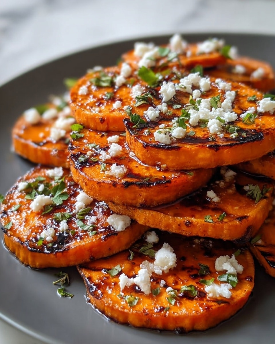 The image shows a white plate filled with slices of roasted sweet potatoes arranged in a casual pile. The sweet potato slices are browned and slightly charred at the edges, showing a glossy, caramelized surface. Each slice has crumbled white cheese sprinkled on top, along with small seeds that appear to be black and white, scattered evenly across the potatoes. The plate rests on a white marbled surface with a gray cloth partially visible next to it. photo taken with an iphone --ar 4:5 --v 7