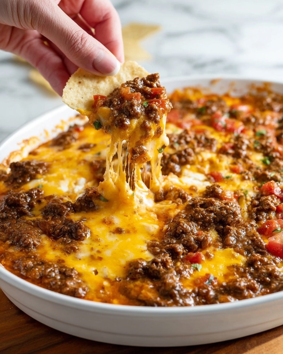 The image shows a white bowl filled with a layered dish starting with a base of chunky red tomato sauce visible near the edges, topped with a generous layer of browned ground beef mixed throughout. Over the beef and sauce, there is a thick layer of melted yellow cheese that looks glossy and smooth, covering most of the surface. Two triangular tortilla chips are partially dipped into the dish, standing upright near the back edge of the bowl. The bowl is placed on a white marbled surface, and in the background, a bottle with a red cap is slightly visible. Photo taken with an iphone --ar 4:5 --v 7