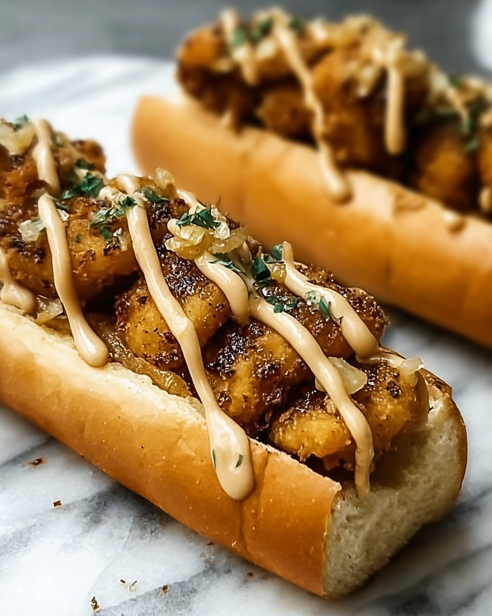 The image shows two sandwiches with three clear layers each, served on white buns with a soft, smooth texture; the bottom layer consists of a white creamy spread evenly spread on the bun, followed by a thick layer of golden-brown grilled chicken pieces with a slightly charred, crispy surface, and the top layer is a shiny, light yellow cheese sauce drizzled generously over the chicken, spilling slightly over the sides, garnished with small bits of green herbs; the sandwiches rest on white paper with a white marbled surface in the background. photo taken with an iphone --ar 4:5 --v 7