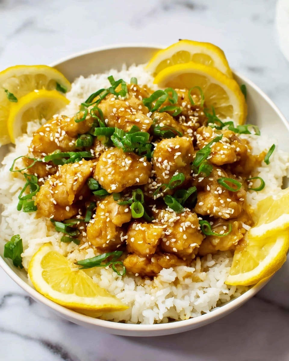 A white bowl filled with three layers: the bottom layer is a bed of fluffy white rice, the middle layer shows chunks of golden brown chicken coated in a glossy sauce, scattered on top of the rice. The top layer includes bright green chopped scallions and white sesame seeds sprinkled on the chicken, along with four lemon wedges placed around the edges of the bowl. The bowl sits on a white marbled surface. photo taken with an iphone --ar 4:5 --v 7