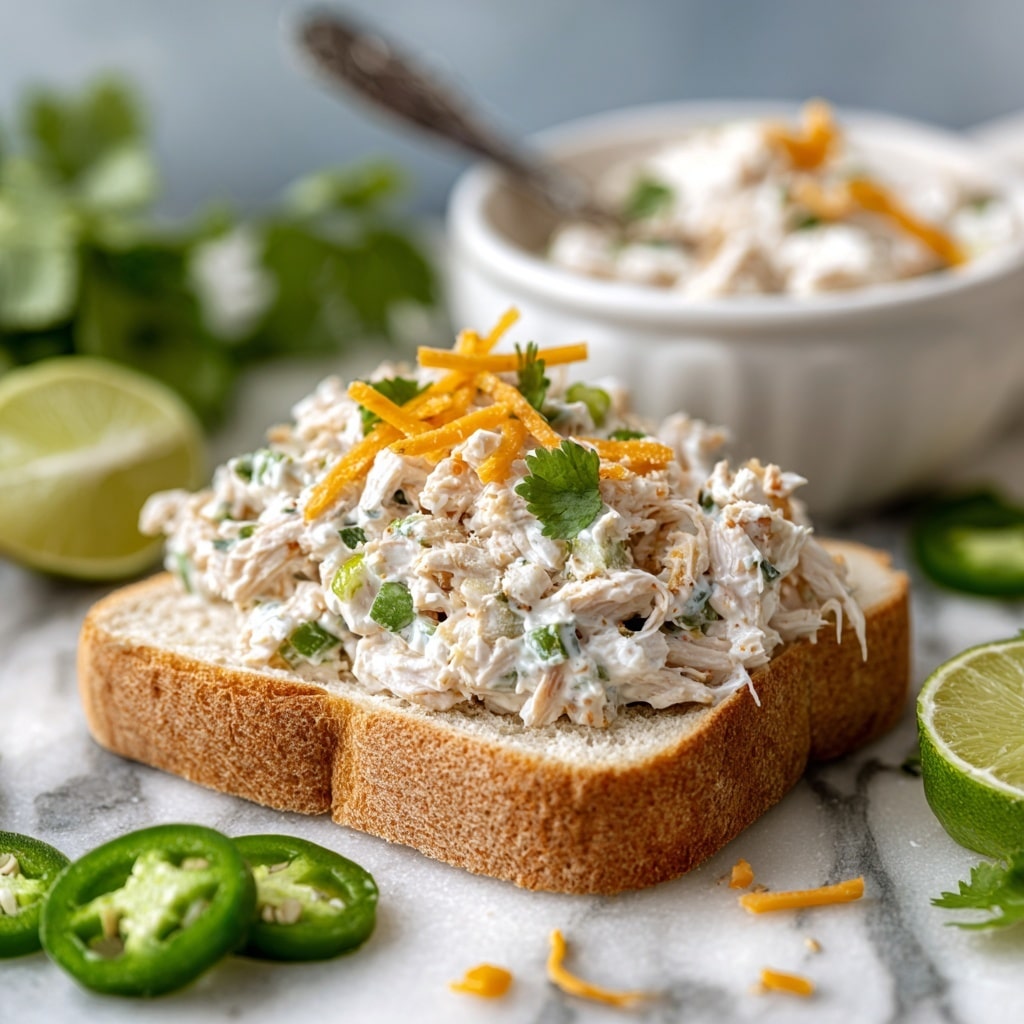 The image shows an open sandwich on a single slice of thick, light brown bread with a soft texture. On top, there is a mixed chicken salad made of shredded white chicken, light green chopped celery, white cottage cheese, thin orange cheese shreds, and small reddish bacon pieces, all blended in a creamy white dressing. Around the sandwich, there are sliced green jalapeños, half a lime, and fresh green cilantro leaves placed on a white marbled surface. In the background, a white bowl holds extra chicken salad with a silver spoon resting in it. photo taken with an iphone --ar 4:5 --v 7