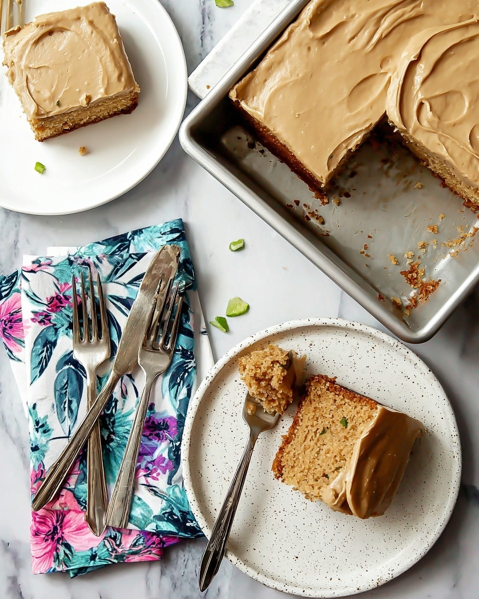 A piece of cake with one thick layer of light brown frosting on top covers a single layer of spongy cake that has a mix of brown and green bits inside, showing a moist and textured crumb; it sits on a white plate with small black specks, next to a silver fork holding a bite of the cake; in the background, there is another piece of the same cake on a white plate along with a colorful folded cloth, all placed on a white marbled surface. photo taken with an iphone --ar 4:5 --v 7