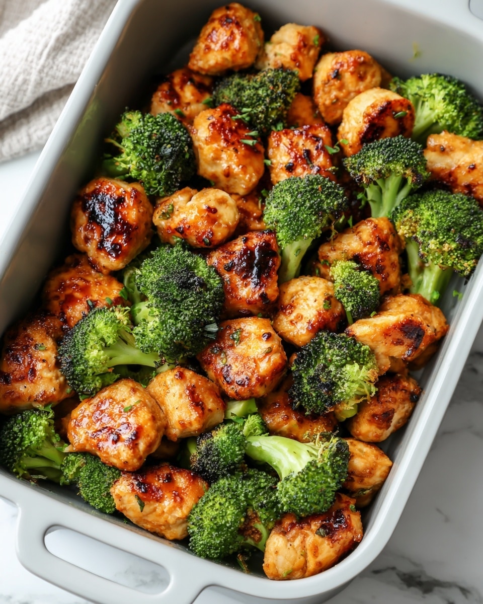 The image shows a white rectangular air fryer basket filled with many pieces of golden-brown grilled chicken chunks mixed with bright green broccoli florets. The chicken pieces have a slightly charred texture with a shiny glaze and some visible herbs on top, giving a crispy look. The broccoli is fresh with firm stalks and tightly packed buds, scattered evenly among the chicken. The basket sits on a white marbled surface with a soft natural light highlighting the vibrant colors of the food. Photo taken with an iphone --ar 4:5 --v 7