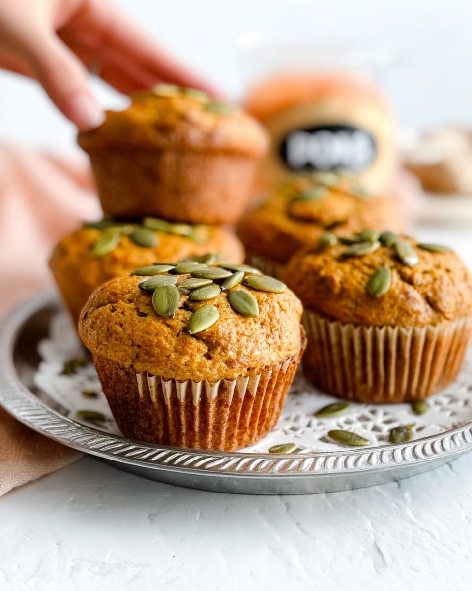 The image shows a metal muffin tray filled with twelve golden brown muffins, each topped with green pumpkin seeds. The muffins are fluffy with a slightly cracked surface that hints at a soft inside. The tray rests on a white marbled surface beside a white and orange striped cloth. The colors in the image create a warm and inviting feeling. photo taken with an iphone --ar 4:5 --v 7