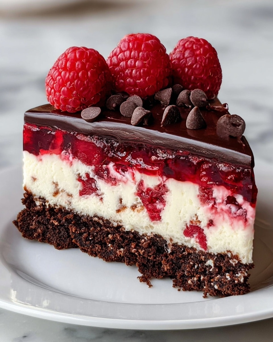 A slice of layered cake on a white plate shows four distinct layers: the bottom layer is a dense, dark chocolate crumb crust with a rough texture, followed by a thick, creamy white cheesecake layer with some bits of red raspberry fruit mixed in; above this is a bright red raspberry jelly layer with visible pieces of raspberries, topped by a glossy, dark chocolate ganache layer that shines under the light. On top of the ganache layer sit fresh, plump red raspberries and a few dark chocolate chips. The plate sits on a white marbled surface. photo taken with an iphone --ar 4:5 --v 7
