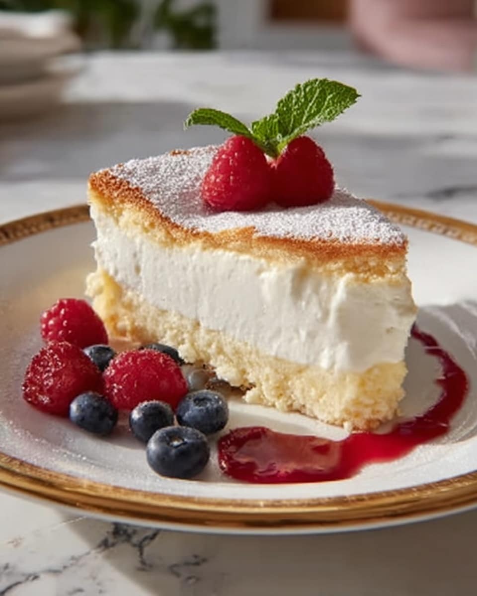 A fluffy, round three-layered cake sits on a white plate with a slight rim. The cake layers are pale yellow and soft-looking, with a light, spongy texture visible in the center where a large slice has been taken out. Between the layers, there is a smooth, creamy white filling. The top of the cake is a golden-brown color with a dusting of fine white powdered sugar. At the center of the top layer, there is a generous swirl of whipped cream topped with five bright red raspberries, contrasting sharply against the cream. The setting features a white marbled textured surface in the background, suggesting a clean and bright kitchen environment. Photo taken with an iphone --ar 4:5 --v 7