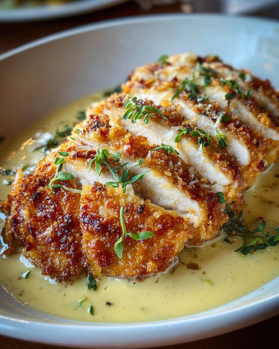 Three pieces of golden brown cooked fish fillets sit side by side on a white plate. Each fillet has a crispy light brown crust on the edges and a smooth layer of melted white cheese on top. Small green herb flakes are sprinkled evenly over the cheese, adding contrast. The fish is surrounded by a light golden buttery sauce that shines under the light. The plate rests on a white marbled surface. photo taken with an iphone --ar 4:5 --v 7