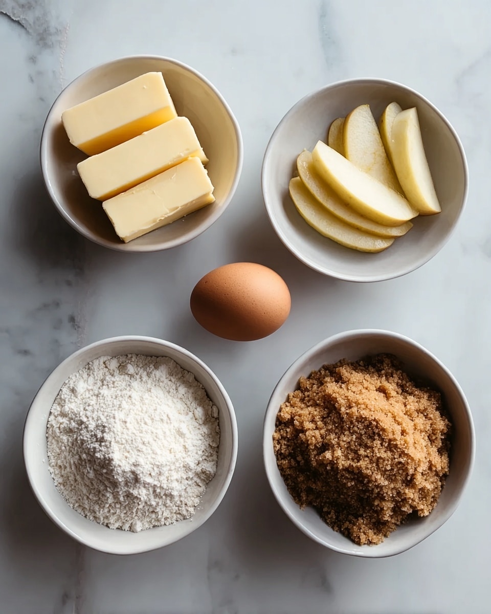 Five small bowls are arranged on a white marbled surface, each containing different ingredients. The top left bowl, white in color, holds five thin slices of pale yellow butter. Next to it on the right, in a white bowl, are four thin slices of pale yellow apple. To the right of that is a white bowl with a single brown egg. Below these, on the left, is a white bowl filled with a fine white flour powder. On the bottom right, another white bowl contains a crumbly brown sugar mixture. The bowls show a soft matte texture and the scene has natural light softening the shadows. Photo taken with an iphone --ar 4:5 --v 7
