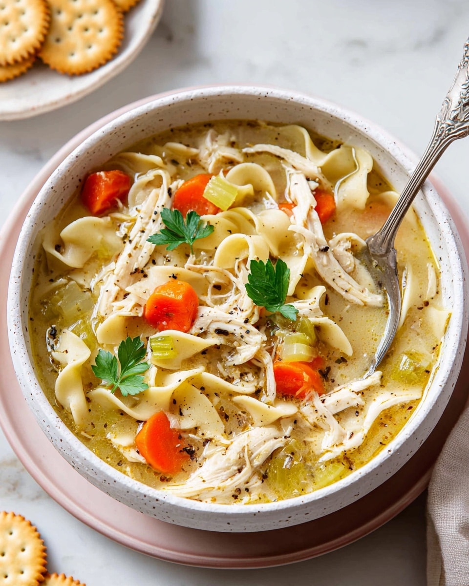 A white speckled bowl filled with chicken noodle soup, showing about three layers: shredded white chicken pieces, wide flat egg noodles, small bright orange carrot chunks mixed with pale green celery bits, all in a light golden broth with black pepper specks, garnished with a few fresh green parsley leaves on top. The bowl sits on a white plate with a pink rim against a white marbled surface, with round golden crackers scattered beside it and a vintage silver spoon resting inside the soup. Photo taken with an iphone --ar 4:5 --v 7