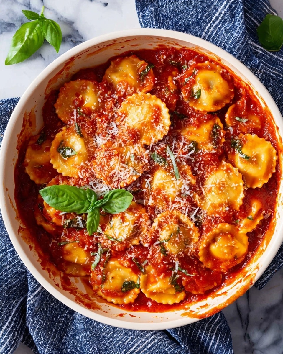 A white plate with a single layer of round ravioli pasta covered in bright red tomato sauce, topped with small white pieces of mozzarella cheese and fresh green basil leaves scattered evenly. The plate is placed on a white marbled surface with some scattered green basil leaves around it. Two silver forks are placed to the right side of the plate, and a cluster of fresh cherry tomatoes still on the vine is visible on the lower left side of the image. The lighting is natural, enhancing the vibrant colors of the dish. Photo taken with an iphone --ar 4:5 --v 7