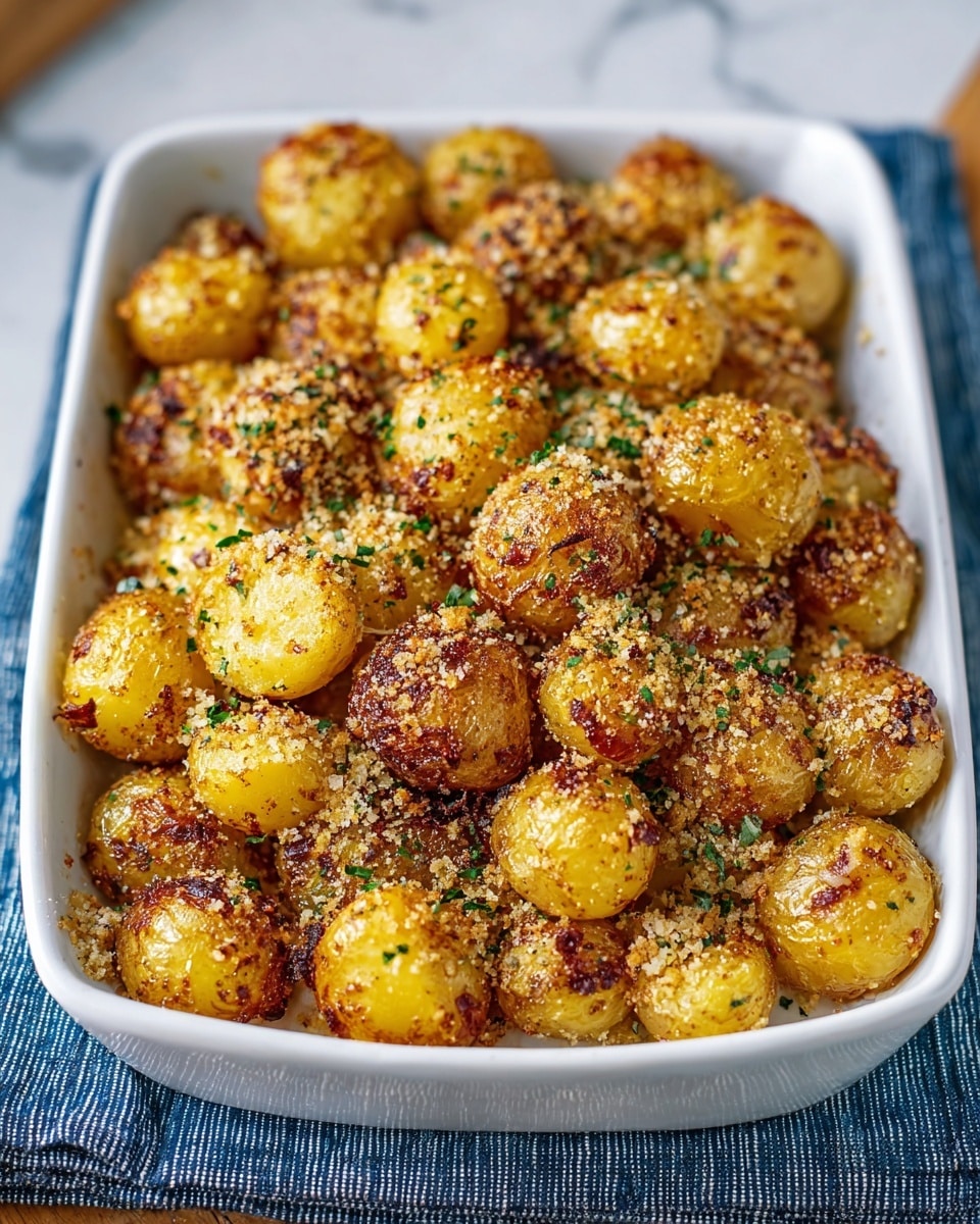 The image shows a white rectangular dish filled with small round roasted potatoes, arranged in several layers, with a golden-brown crispy crust covering most of them. The potatoes vary in color from light yellow to deep brown where they are well-roasted. There are visible specks of green herbs scattered evenly across the dish, along with a light dusting of fine breadcrumbs or grated cheese on top, enhancing the textured appearance. The dish is placed on a blue and white striped cloth, set on a white marbled surface, creating a clean and fresh background. Photo taken with an iphone --ar 4:5 --v 7