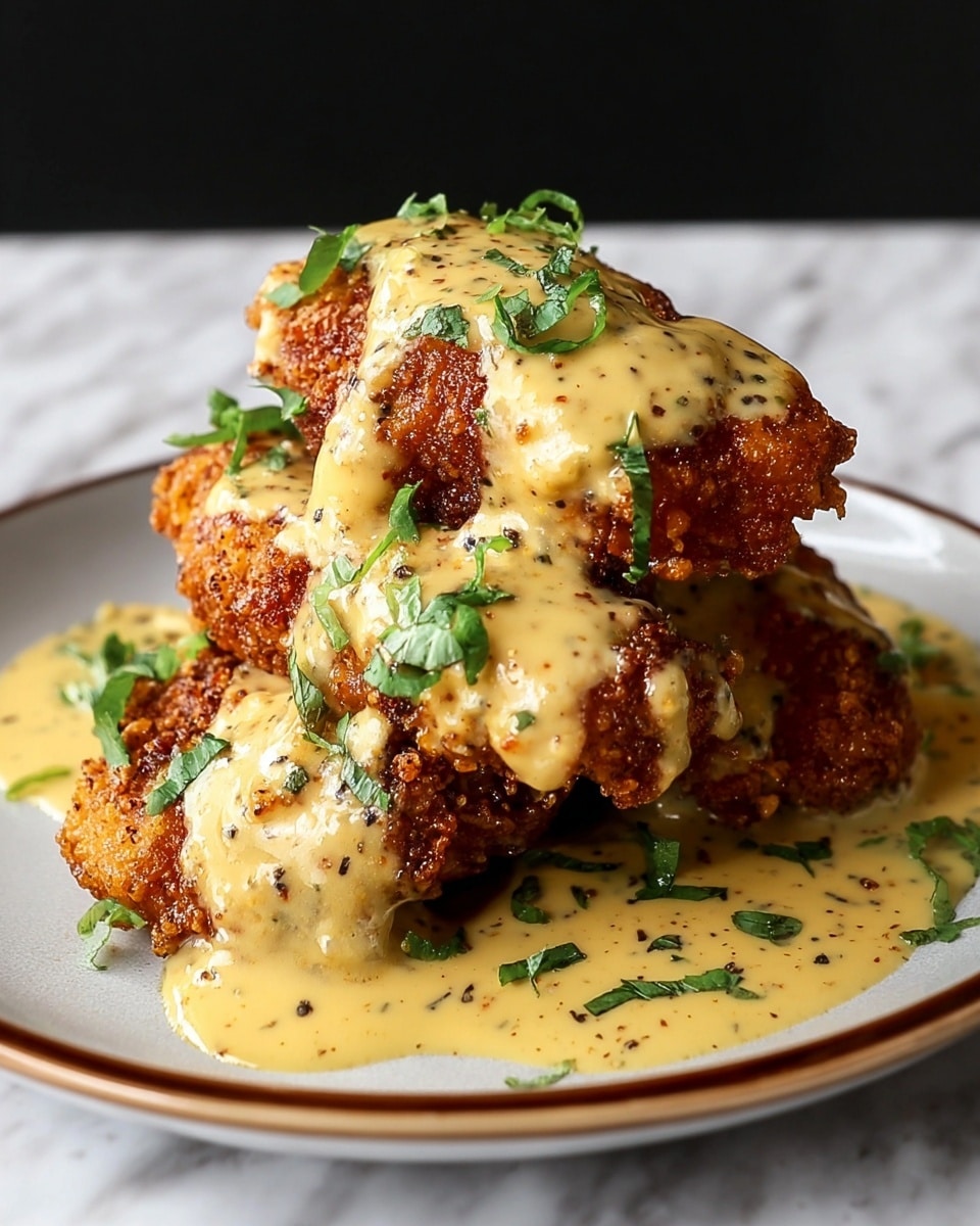 A close-up image shows three pieces of golden brown fried fish with a crispy, textured crust, arranged in a shallow white bowl. Each piece is generously covered with a smooth, creamy yellow mustard sauce that has small black specks and is lightly sprinkled with finely chopped fresh green herbs. The sauce pools slightly around the base of the fish, creating a rich, glossy contrast to the crispy surface. The bowl rests on a white marbled surface, adding a clean and elegant background. Photo taken with an iphone --ar 4:5 --v 7