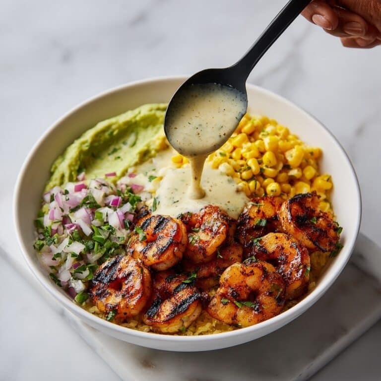 Grilled Shrimp Bowl with Avocado, Corn Salsa & Creamy Garlic Sauce Recipe