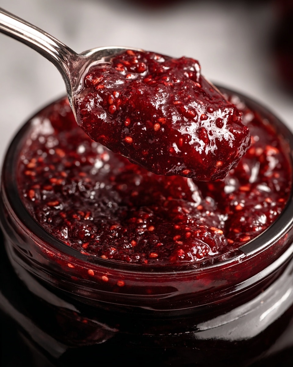 A close-up image shows a thick, deep red jam with visible fruit pieces and seeds, held in a shiny silver spoon above a black jar filled to the brim with the jam. The jam's texture is glossy and slightly chunky, with light reflecting off its wet surface. The background is a white marbled texture. Photo taken with an iphone --ar 4:5 --v 7