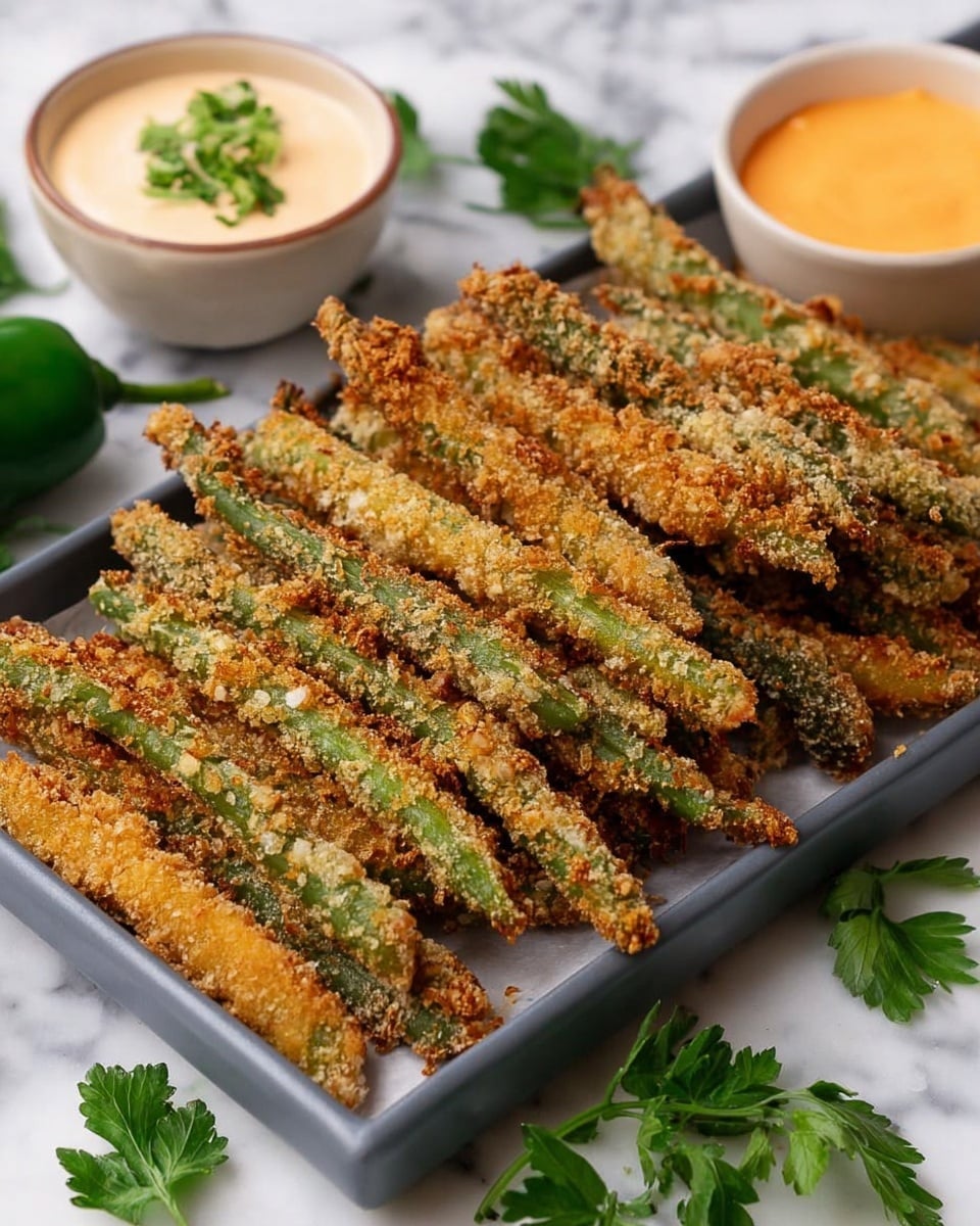 A close-up view of several crispy fried green beans stacked together, showing a thick, golden-brown, crunchy coating with visible textured crumbs. One green bean is broken open on top, revealing a bright green inside contrasting with the crispy exterior. In the background, there are two white bowls filled with dipping sauces, one with a light creamy color and the other a pale orange color, slightly blurred with some green parsley leaves in between. The food is set on a white marbled surface, photo taken with an iphone --ar 4:5 --v 7