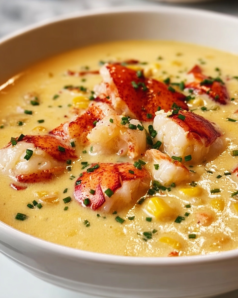 A close-up view of a white bowl filled with creamy yellow chowder, featuring large chunks of lobster meat with a light red grilled color sitting on the surface. The chowder has small pieces of yellow corn and is sprinkled with finely chopped green herbs, adding a fresh touch. The texture of the soup looks smooth and rich, with the lobster pieces looking tender and juicy. The bowl sits on a white marbled surface. photo taken with an iphone --ar 4:5 --v 7