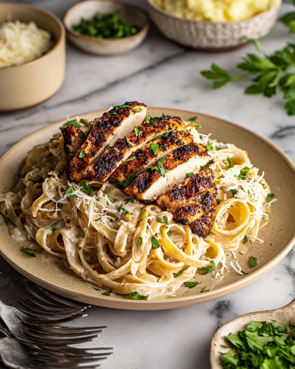 A tan plate holds a serving of creamy light beige fettuccine pasta coated in a rich sauce, spread as the base layer. On top rests thick slices of dark brown grilled chicken breast with a textured, slightly charred crust and tender white inside. The pasta and chicken are sprinkled with small green parsley leaves and white cheese shreds for garnish. The scene includes a small beige bowl with mashed potatoes and a white bowl filled with chopped herbs in the blurred background. The setting is on a white marbled surface with two silver forks beside the plate. Photo taken with an iphone --ar 4:5 --v 7