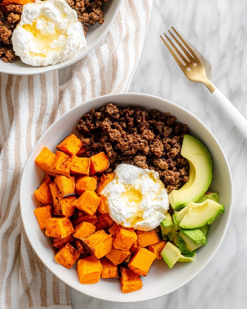 A white bowl contains four main sections of food arranged side by side: bright orange roasted sweet potato cubes with a slightly charred texture, dark brown cooked ground meat with a crumbly texture, a creamy white dollop of cottage cheese topped with a small drizzle of golden honey, and fresh green avocado chunks with smooth skin. The bowl sits on a white marbled surface with a striped cloth in soft beige and white tones partially seen at the top. A white and gold fork lies next to the bowl on the right side. photo taken with an iphone --ar 4:5 --v 7