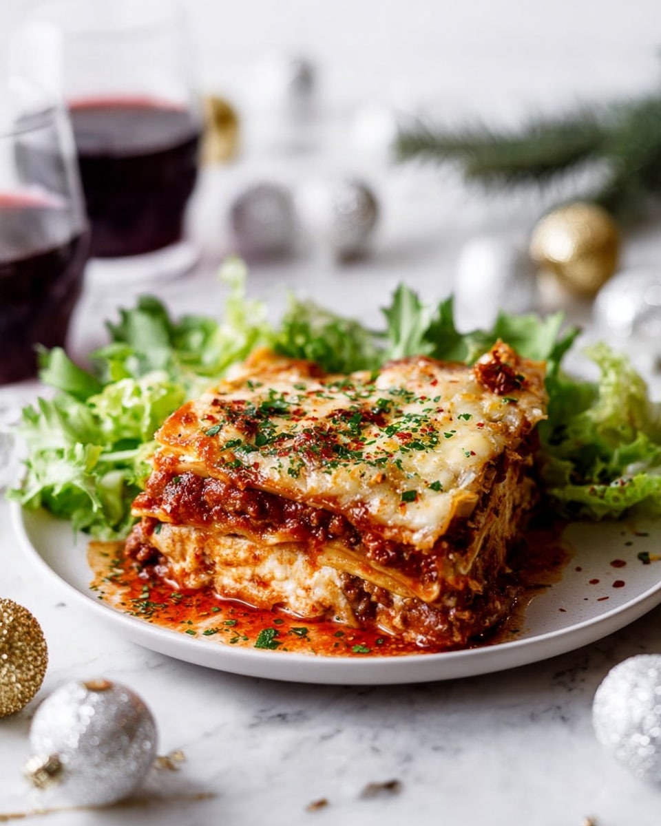 A thick slice of lasagna sits on a white plate, showing multiple layers including a red tomato sauce layer with visible meat, a light creamy béchamel sauce, and melted golden cheese on top sprinkled with green herbs and red spices. The lasagna has a slightly browned top with bubbling cheese edges. Fresh green lettuce leaves are placed around the lasagna on the plate for contrast. The plate rests on a white marbled surface with small silver and white Christmas ornaments scattered nearby, and there are two blurred glasses filled with dark red liquid in the background. photo taken with an iphone --ar 4:5 --v 7
