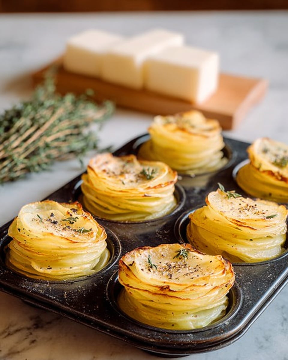 Five small stacks of thinly sliced roasted potatoes form neat tower shapes, each with about 10 layers of golden-yellow to light brown potato edges that look crispy and flaky. The potato stacks have a slightly shiny texture from oil or butter and are sprinkled with small green herb leaves, adding a fresh touch. They sit on crinkled light brown parchment paper, placed on a rustic wood slice with rough bark edges. The background is a soft white marbled texture, giving a clean and bright look. Photo taken with an iphone --ar 4:5 --v 7