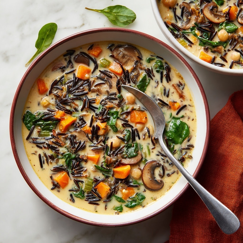 A close-up view of creamy soup served in a white bowl with a reddish-brown rim, filled with layers of small orange carrot cubes, light beige chickpeas, dark brown sliced mushrooms, green spinach leaves, and thin strands of black wild rice all mixed in a light creamy broth. There is a shiny silver spoon resting inside the bowl, partially submerged in the soup. The bowl is placed on a white marbled surface, with a few green leaves in the background and a corner of an orange cloth visible nearby. Photo taken with an iphone --ar 4:5 --v 7