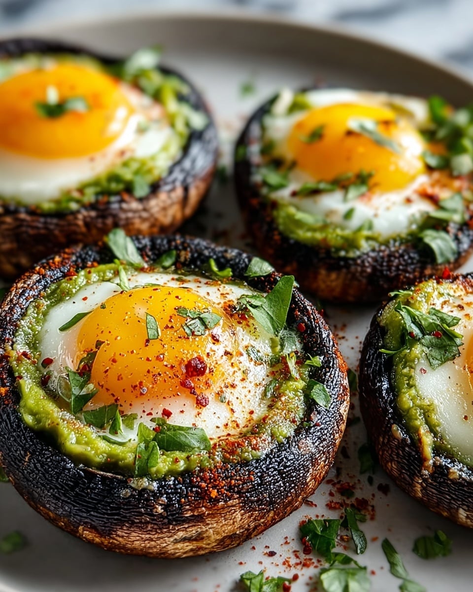 The image shows four large grilled mushrooms arranged closely on a white plate, each mushroom filled with a green avocado spread at the base, topped with a cooked egg featuring a bright yellow yolk in the center. The eggs have slightly browned, crisp edges blending into the avocado layer. Small chopped green herbs are scattered on top of the eggs, and a sprinkle of black pepper and red seasoning adds color and texture. The mushrooms have a dark, charred texture on the outer edges, contrasting with the smooth and creamy layers inside. The background is a white marbled texture. photo taken with an iphone --ar 4:5 --v 7