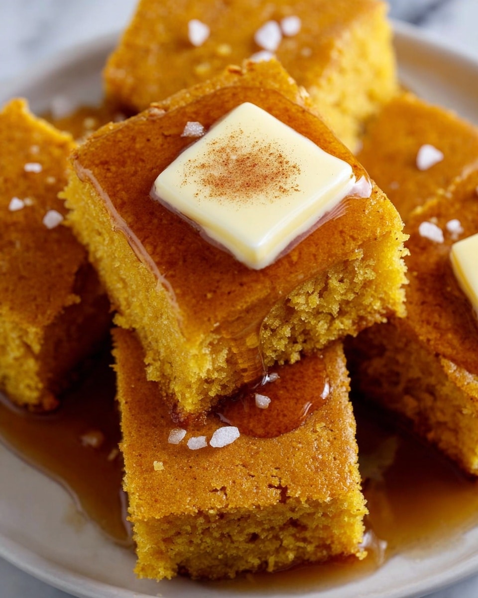 A close-up view of a single square piece of moist, golden-brown cake with a dense but soft texture, sitting on a white plate on a white marbled surface. A thick layer of shiny amber syrup is poured over the top of the cake, dripping down the sides and pooling slightly at the base. On top of the syrup, there is a small square of pale yellow butter with a light sprinkling of fine brown spice and a few flakes of coarse white salt. In the background, several similar pieces of cake are slightly out of focus. Photo taken with an iphone --ar 4:5 --v 7