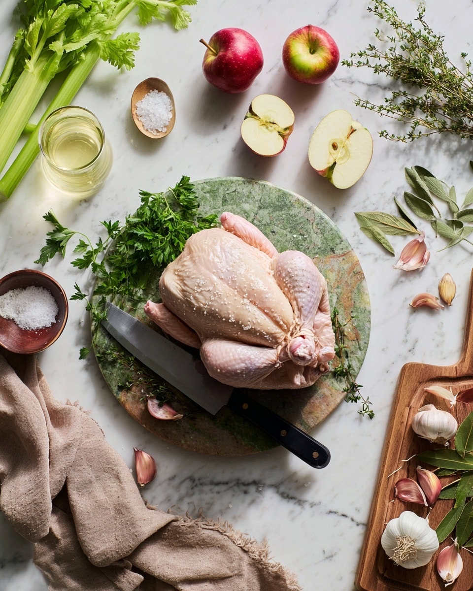 A raw whole chicken with a light pink skin sprinkled with coarse salt is centered on a round board made of green marble and wood. The chicken is flanked by a black-handled knife resting on the board, and fresh green parsley placed beside it. Surrounding the board on a white marbled surface are fresh ingredients including two whole red apples, one apple cut in halves showing white flesh, two long green celery stalks, a small bowl of coarse salt, a glass with pale yellow liquid, chopped shallots with light purple skins on a wooden board, whole garlic bulbs with some cloves separated, and fresh green thyme and bay leaves. A light brown cloth is draped loosely on the bottom left corner, adding texture to the scene. The photo taken with an iphone --ar 4:5 --v 7