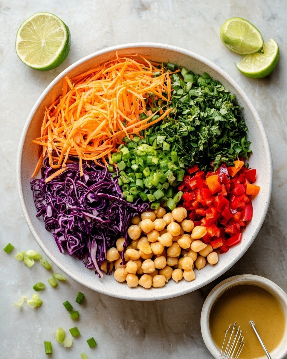 A white bowl holds six distinct layers arranged next to each other: shredded bright orange carrots on the left, chopped fresh green scallions slightly overlapping on top, deep purple shredded cabbage next, bright red chopped bell peppers, light beige chickpeas, and chopped dark green cilantro at the bottom. Beside the bowl on a white marbled surface, there is a bowl of light brown dressing with a small whisk inside and a halved lime. Some scattered slices of scallion add extra detail. Photo taken with an iphone --ar 4:5 --v 7
