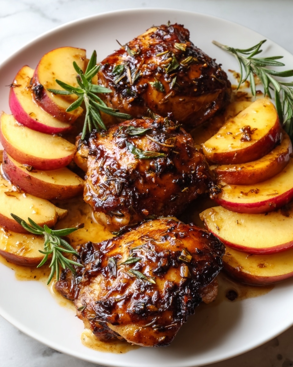 The image shows a white oval plate filled with six pieces of glazed roasted chicken, arranged in two rows. Each chicken piece is golden brown with a shiny, sticky sauce and dark toasted spots on the skin. Around the chicken pieces are thick slices of caramelized yellow apples that appear soft and juicy. Fresh green rosemary sprigs are placed on top of the chicken, adding a bright and natural touch. The plate is set on a white marbled surface, giving a clean and elegant look. photo taken with an iphone --ar 4:5 --v 7