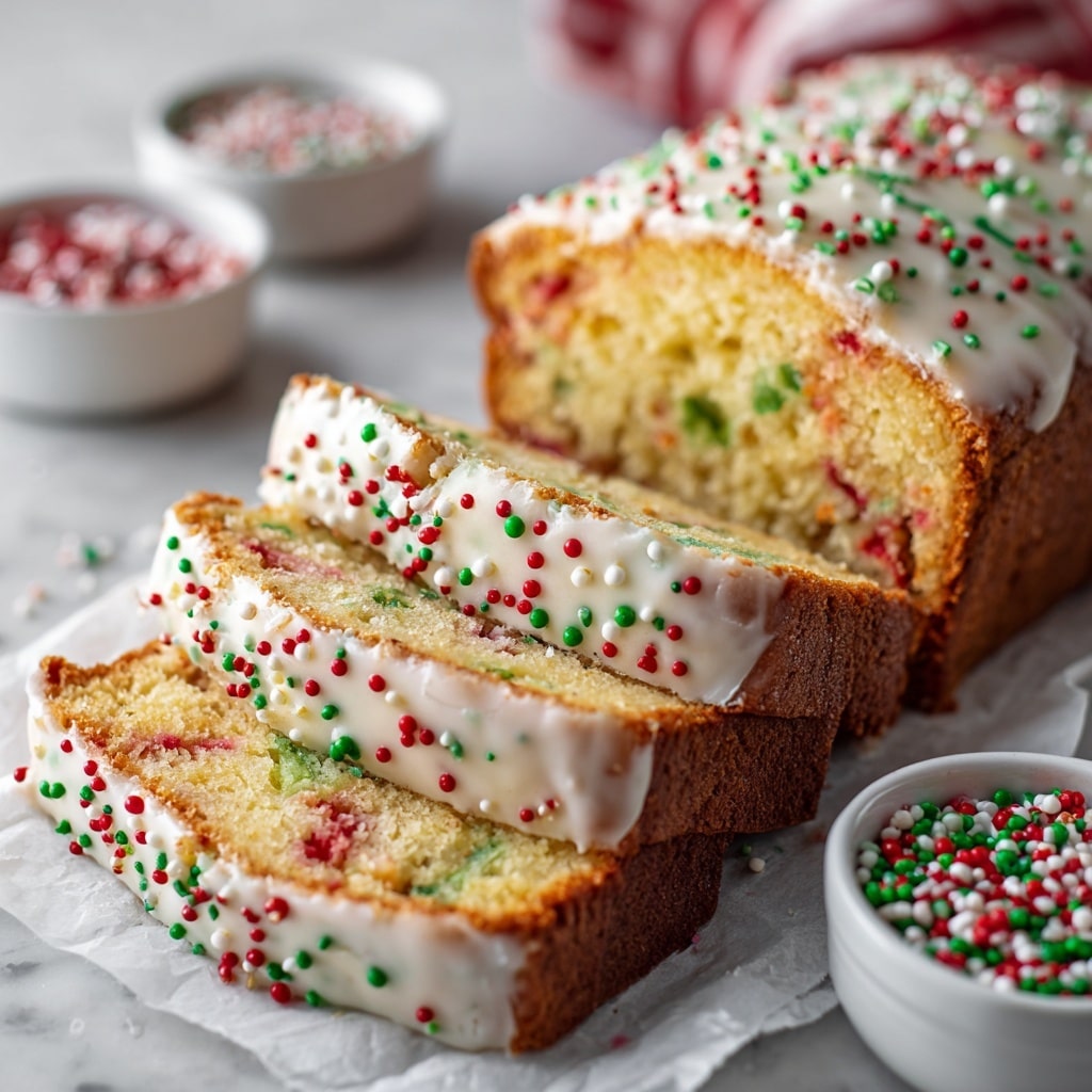 A close-up view of a single slice of cake with two main layers showing a marbled mix of red, green, and light yellow colors blended inside the soft sponge texture. The top layer is coated with a smooth white icing that drips slightly over the sides, sprinkled evenly with small red, green, and white round sprinkles. The cake sits on a white marbled surface slightly dusted with a few crumbs around it. photo taken with an iphone --ar 4:5 --v 7