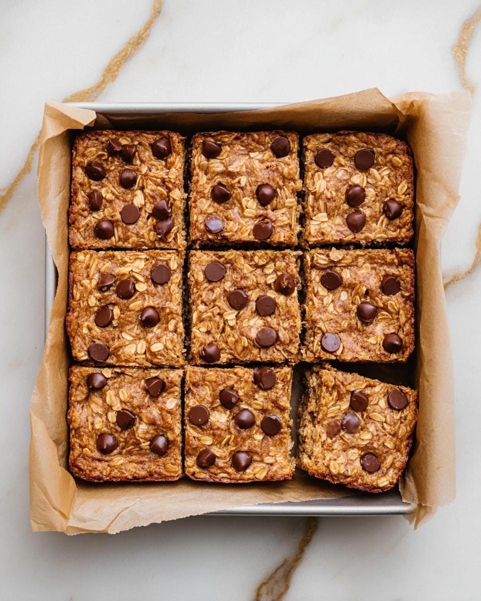 The image shows nine square pieces of baked oatmeal bars in a parchment paper lined baking tray, placed on a white marbled surface with gold veins. Each bar has a golden-brown color and a slightly textured top with visible oat flakes and scattered chocolate chips, evenly spread across the surface. Three bars on the right side are separated from the rest, showing a soft, thick texture inside with a moist crumb. The bars have a single layer and a rich, hearty look that combines oats and chocolate chips on top. photo taken with an iphone --ar 4:5 --v 7
